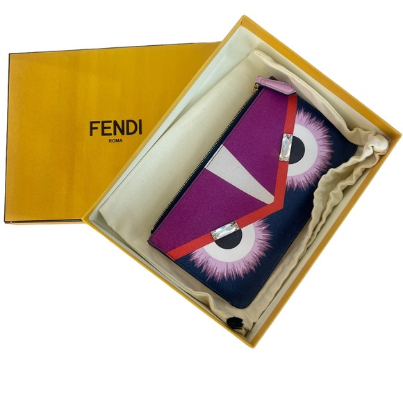 FENDI Vitello Elite Crystal Eye Monster Zip Pouch Cobalt Multicolor - Picture 2 of 12